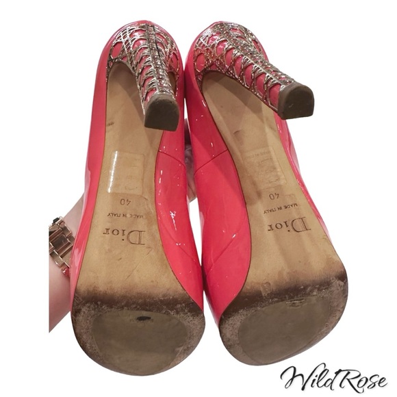 CHRISTIAN DIOR Pink Patent Leather Cannage Gold Metal Guilded Heel Platform Pump - Picture 13 of 17